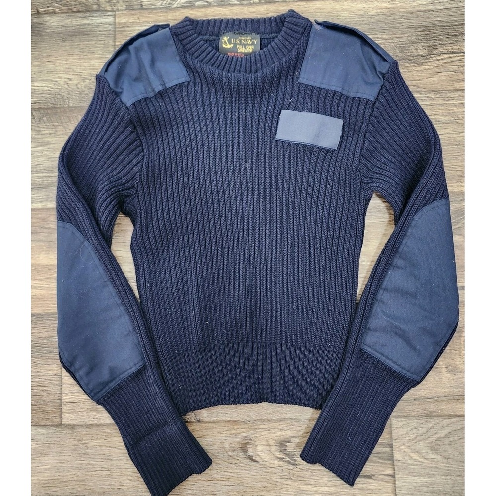 US Navy 100% Wool Sweater Vintage Medium Blue Made in USA Long Sleeve elbow pads